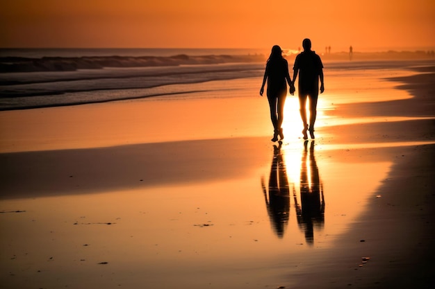 Coppia adorabile e romantica che cammina sulla spiaggia al tramonto IA generativa