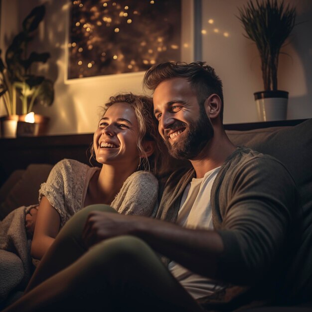 Coppia adulta che guarda la TV a casa seduta sul divano illuminata da un caldo spazio di copia luminoso accogliente Trenta anni sorridono seduti nelle vicinanze concetto di svago e relax