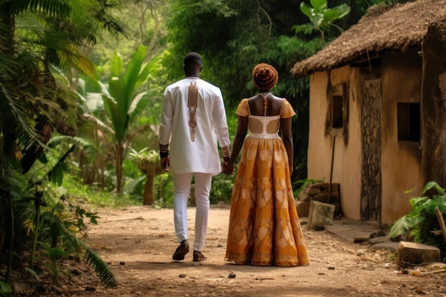 Coppia africana in abiti da sposa tradizionali che camminano nella città dell'Africa Generative AI