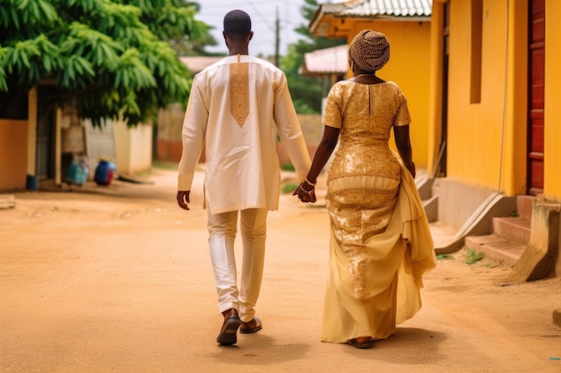 Coppia africana in abiti da sposa tradizionali che camminano per strada in Nigeria Africa AI generativa