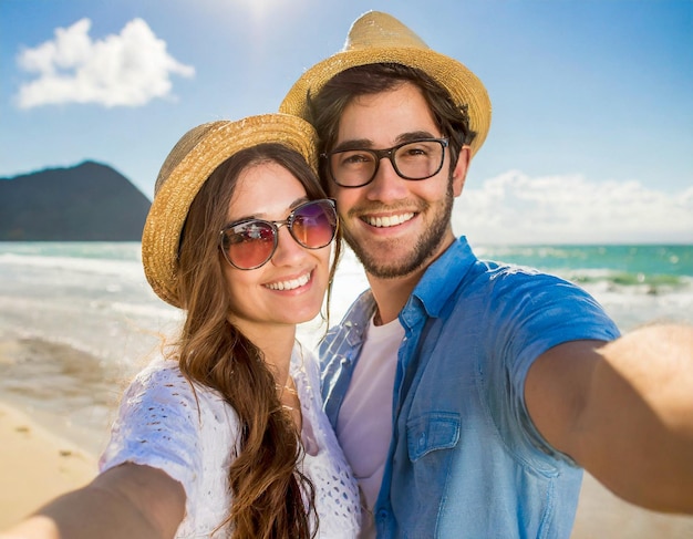 coppia allegra in vacanza in spiaggia estate innamorati con cappello e occhiali