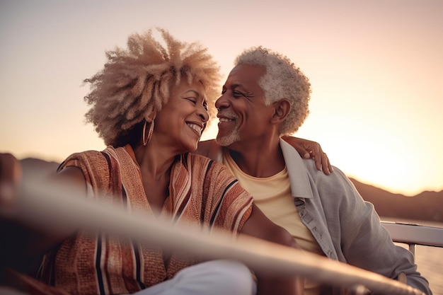 Coppia anziana africana innamorata sullo yacht al tramonto AI Generative