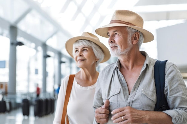 Coppia anziana all'aeroporto terminale Concetto di viaggio IA generativa