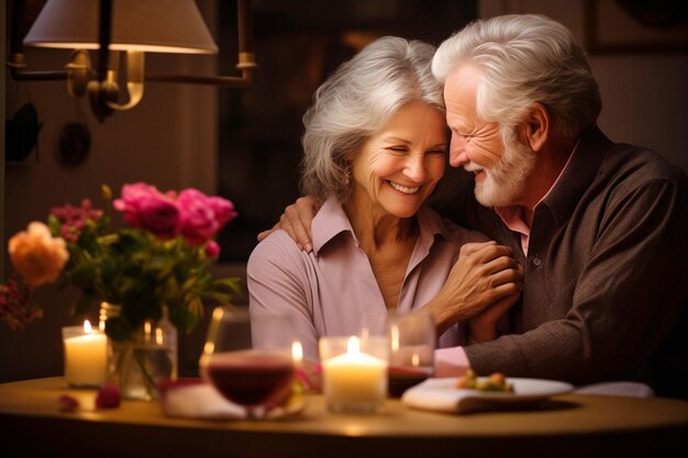 Coppia anziana che condivide una cena romantica di San Valentino a casa