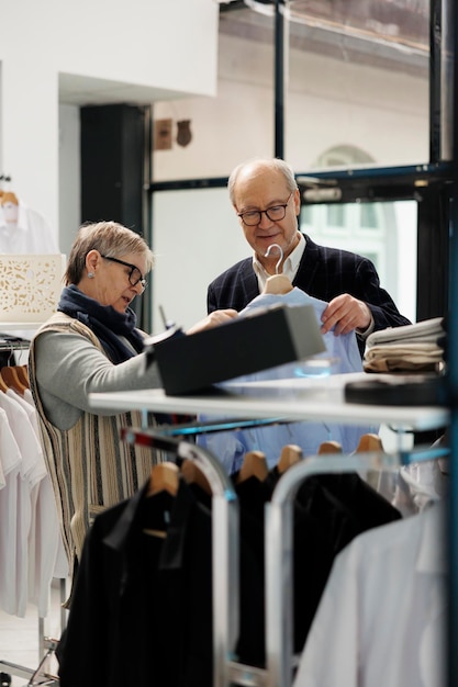 Coppia anziana che guarda la camicia alla moda blu analizzando il materiale nel negozio di abbigliamento, guardando la nuova collezione di moda. Anziani che acquistano abbigliamento casual, acquistano merce alla moda