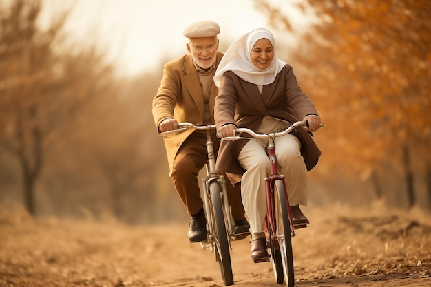 Coppia anziana che si diverte a fare un giro in bicicletta all'aperto Persone mature con uno stile di vita attivo che fanno sport