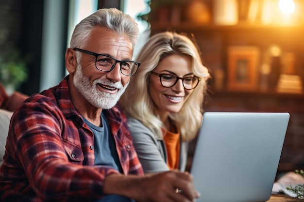 Coppia anziana che utilizza il computer portatile Coppia di anziani in pensione che utilizza il computer portatile all'IA generativa all'aperto