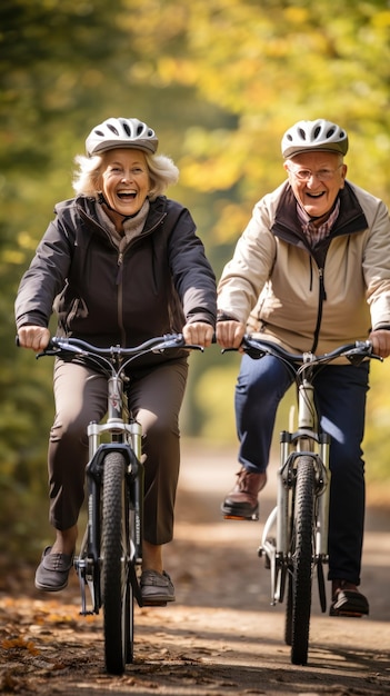 Coppia anziana in bicicletta, caschi panoramici, sorrisi, esercizio fisico.