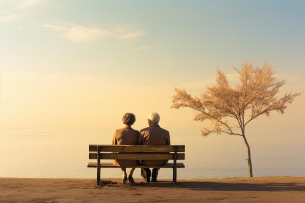 Coppia anziana seduta su una panchina del parco che guarda l'orizzonte vita amorosa IA generativa