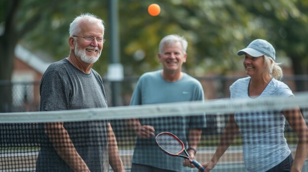coppia anziana sorridente che gioca a tennis in una giornata di sole