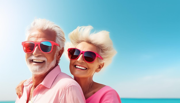 coppia anziana sorridente con occhiali da sole e sorridente