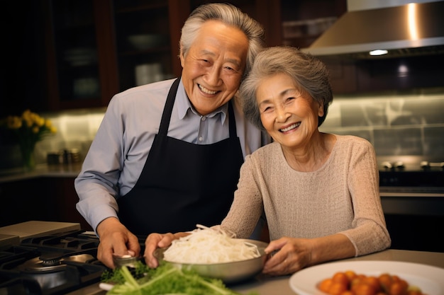 Coppia asiatica anziana che cucina un pasto vegano sano IA generativa