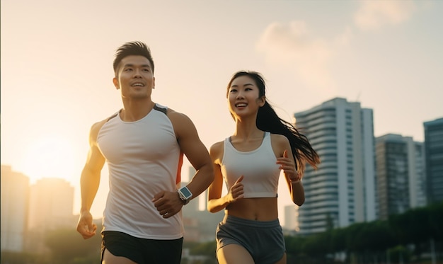 Coppia asiatica attiva che fa jogging all'aperto al mattino Correndo nel parco cittadino della strada della città