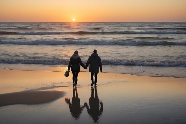 Coppia attiva che cammina sulla spiaggia al tramonto