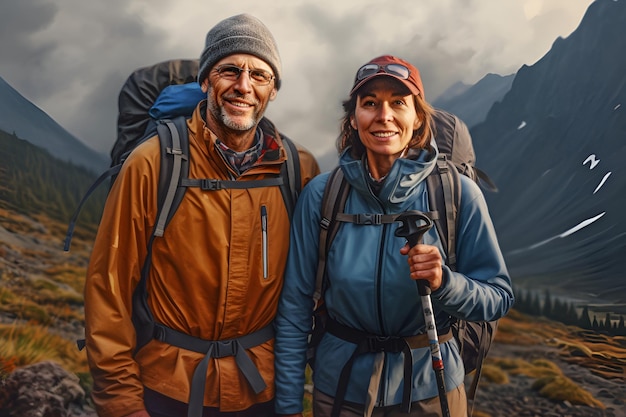 Coppia attiva di mezza età in piedi con le montagne sullo sfondo stile di vita attivo ai generativa
