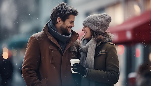 Coppia bere caffè insieme in città in inverno