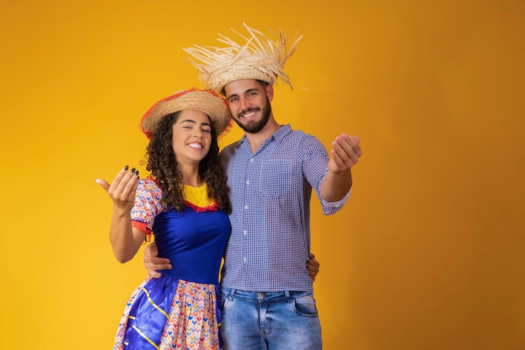 Coppia brasiliana che indossa abiti tradizionali per Festa Junina festival di giugno