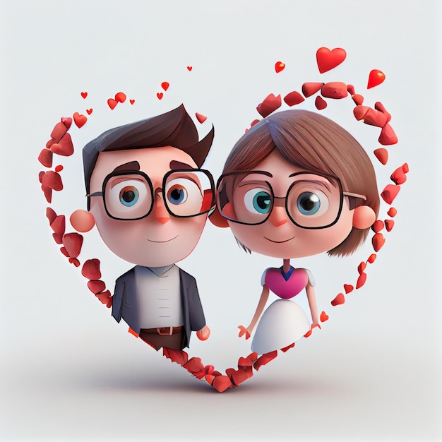 Coppia carina innamorata di cuori San Valentino carta 3d rendering illustrazione