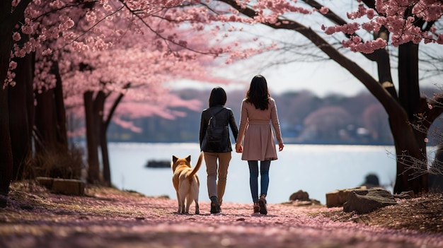 Coppia che cammina con il cane sotto gli alberi di ciliegio rosa