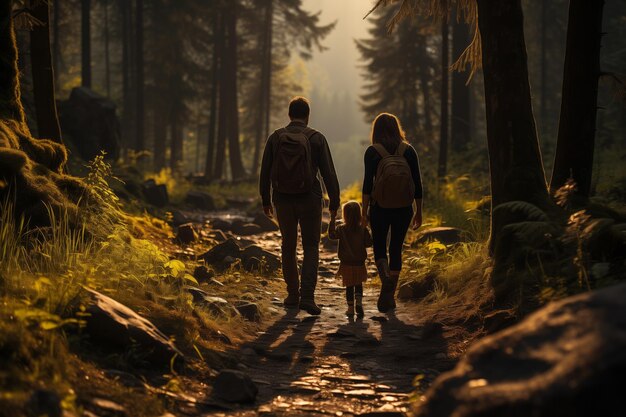 Coppia che cammina mano nella mano su un sentiero forestale al tramonto con la luce calda che filtra