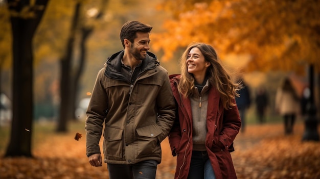 Coppia che cammina nel parco con fogliame autunnale