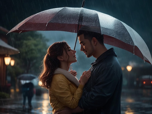 Coppia che condivide momenti romantici sotto la pioggia