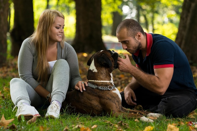 Coppia che gioca con il cane