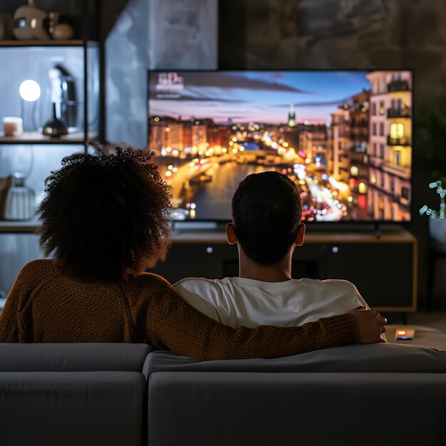 coppia che guarda serie nella smart tv