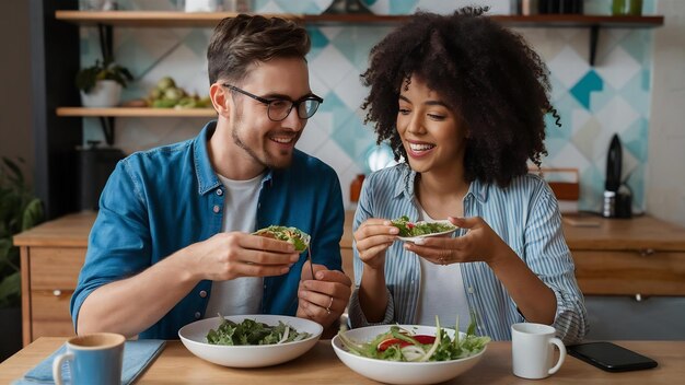 Coppia che mangia insalata e sceglie l'account del servizio di streaming