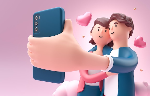 Coppia che prende un selfie sull'illustrazione 3D di San Valentino