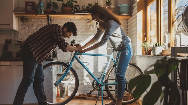 Coppia che ripara la bicicletta insieme in una calda scena domestica