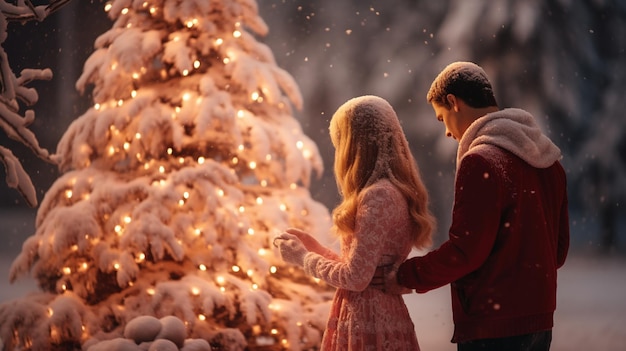 Coppia che si abbraccia vicino agli alberi di Natale Vacanze invernali Storia d'amore di una giovane coppia che indossava pullover bianchi L'uomo felice e la giovane donna si amano Foto di alta qualità