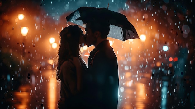 Coppia che si bacia sotto la pioggia con la luce cinematografica sul retro