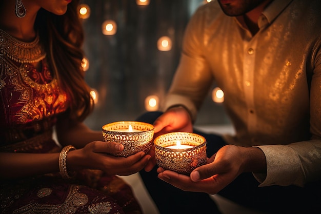 Coppia che tiene le candele durante la celebrazione del Festival di Diwali