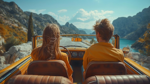 Coppia che viaggia in auto in montagna Vista posteriore di uomo e donna arte generativa ai