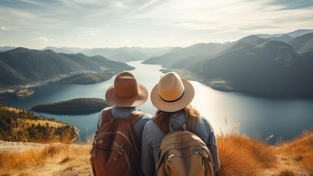 Coppia con cappello e zaino guardando le montagne e il lago dalla cima di una montagna alla luce del sole con vista sulle montagne