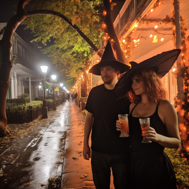 Coppia con costumi di Halloween che si fa selfie durante una festa con gli amici alla festa di Halloween