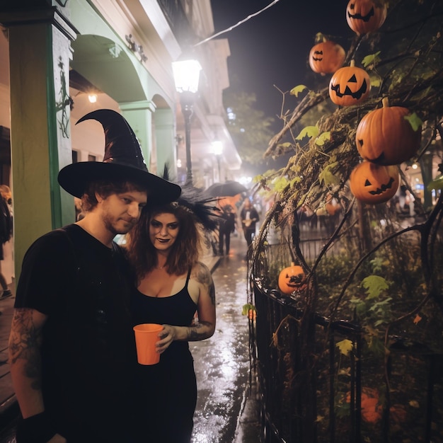 Coppia con costumi di Halloween che si fa selfie durante una festa con gli amici alla festa di Halloween