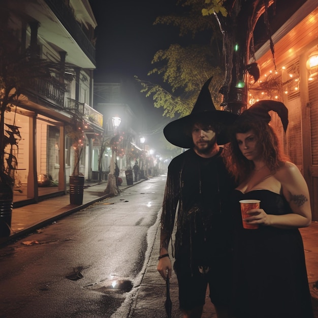 Coppia con costumi di Halloween che si fa selfie durante una festa con gli amici alla festa di Halloween