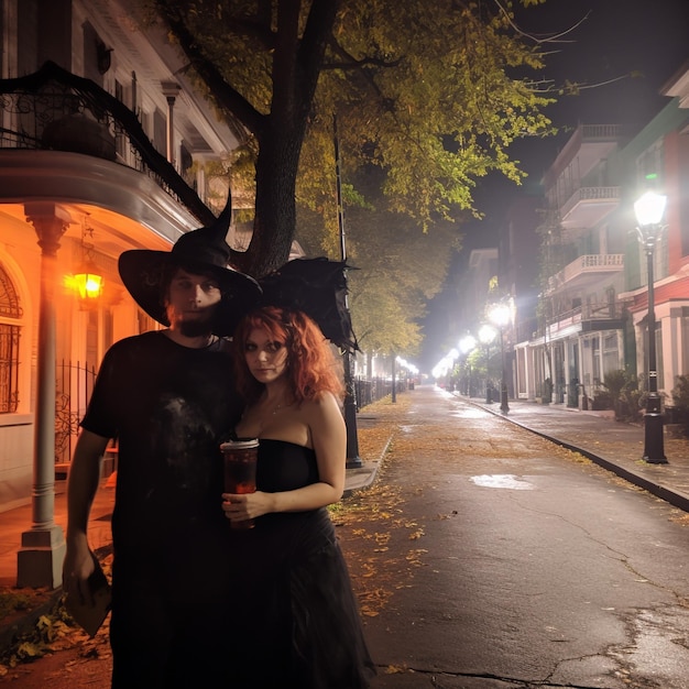 Coppia con costumi di Halloween che si fa selfie durante una festa con gli amici alla festa di Halloween