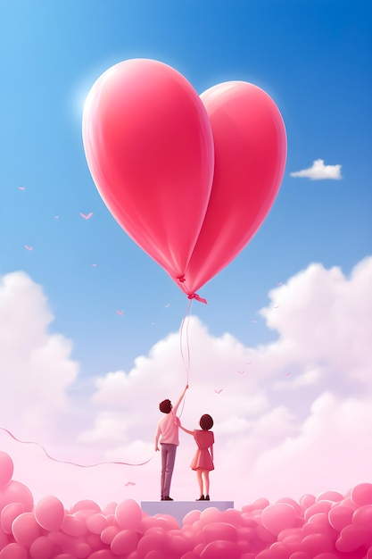 Coppia con un cuore enorme sullo sfondo foto poster del giorno di San Valentino 3D