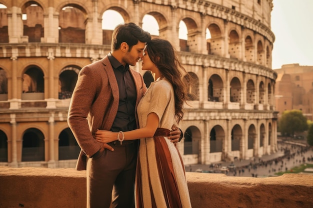 Coppia contro il Colosseo Roma Italia Turisti che visitano famosi monumenti italiani IA generativa