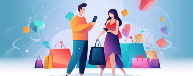 Coppia di acquirenti che fa shopping tenendo borse shopper colorate nel centro commerciale Ai generativa