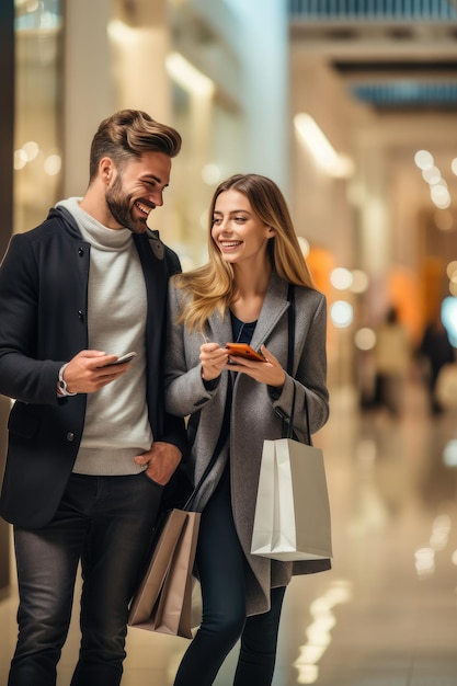 Coppia di acquirenti che fa shopping tenendo borse shopper colorate nel centro commerciale Ai generativa