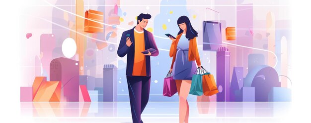 Coppia di acquirenti che fa shopping tenendo borse shopper colorate nel centro commerciale Ai generativa