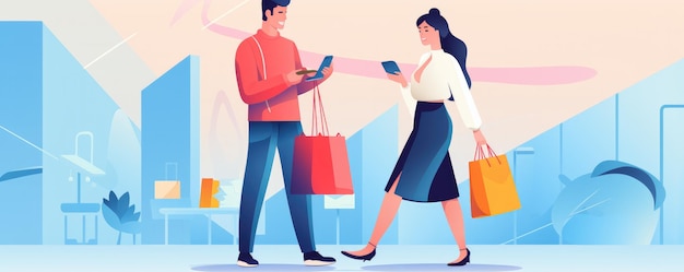 Coppia di acquirenti che fa shopping tenendo borse shopper colorate nel centro commerciale Ai generativa