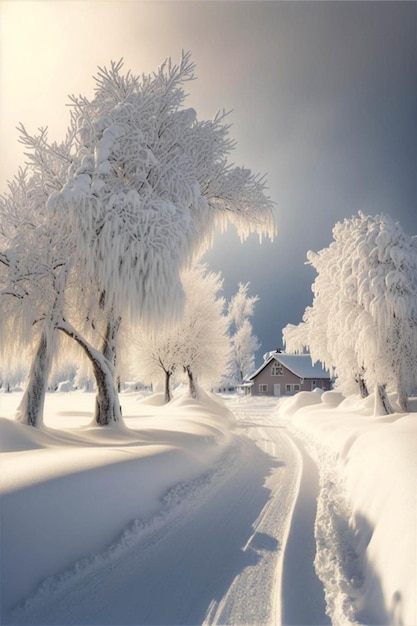 Coppia di alberi che si trovano nella neve ai generativa