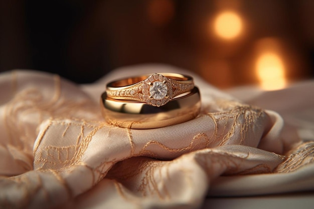 Coppia di anelli in oro con diamanti d rendering posizionati su stoffa con decorazione