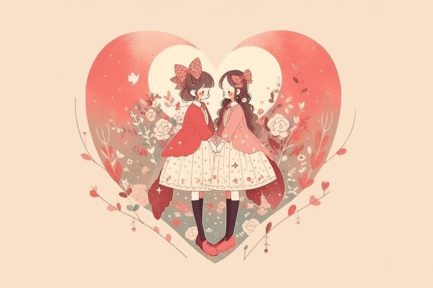 Coppia di anime lesbiche all'interno di una illustrazione di cuore astratto sullo sfondo romantico di San Valentino