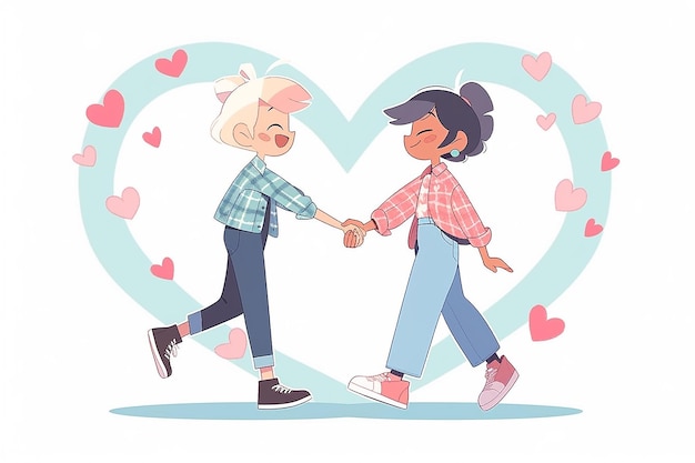 Coppia di anime lesbiche all'interno di una illustrazione di cuore astratto sullo sfondo romantico di San Valentino